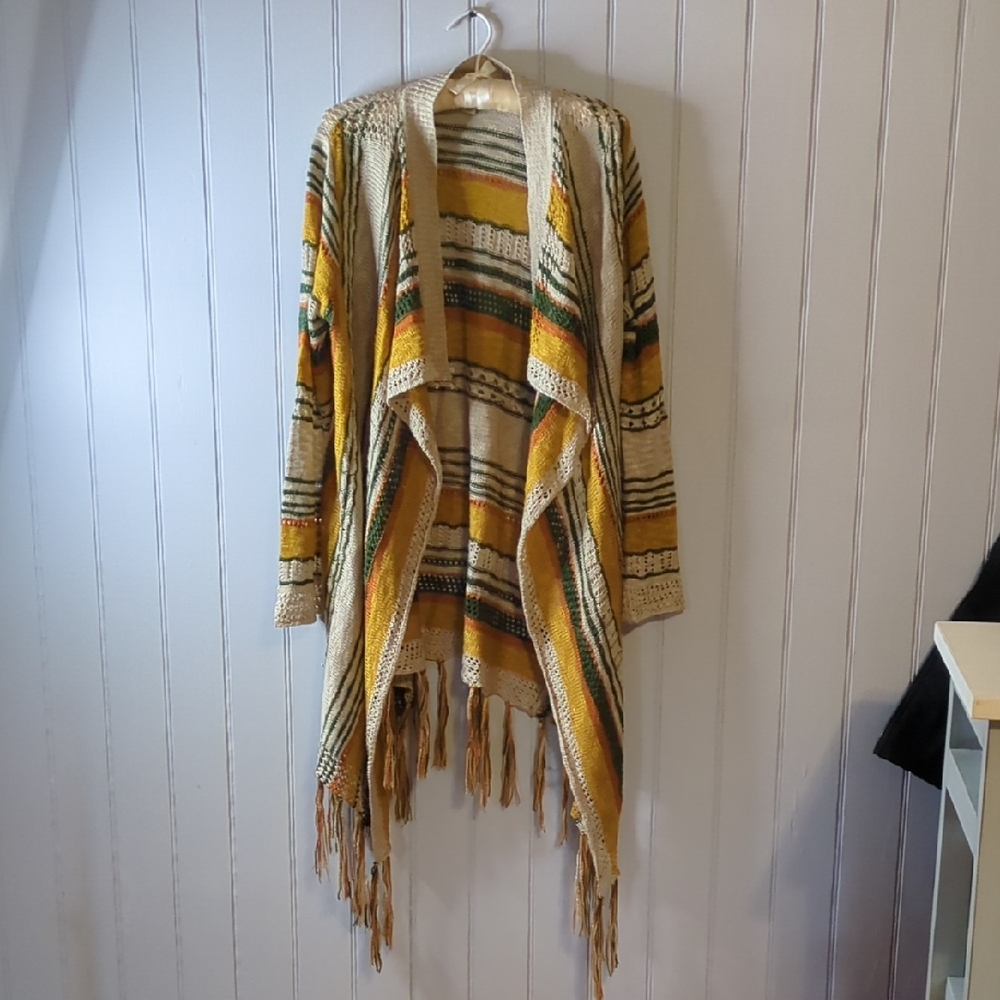 ONE WORLD Striped Fringe Cardigan in Cream and Yellow